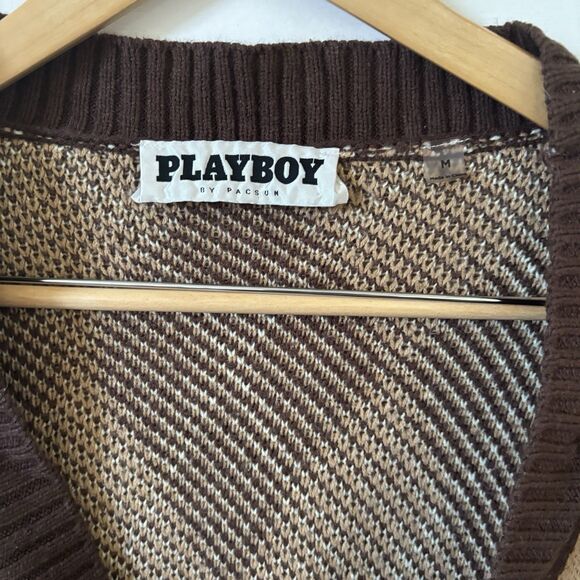 Playboy Pacsun Mens Argyle Knit Cardigan Sweater M Brown Retro Logo 90s Preppy - Picture 6 of 11